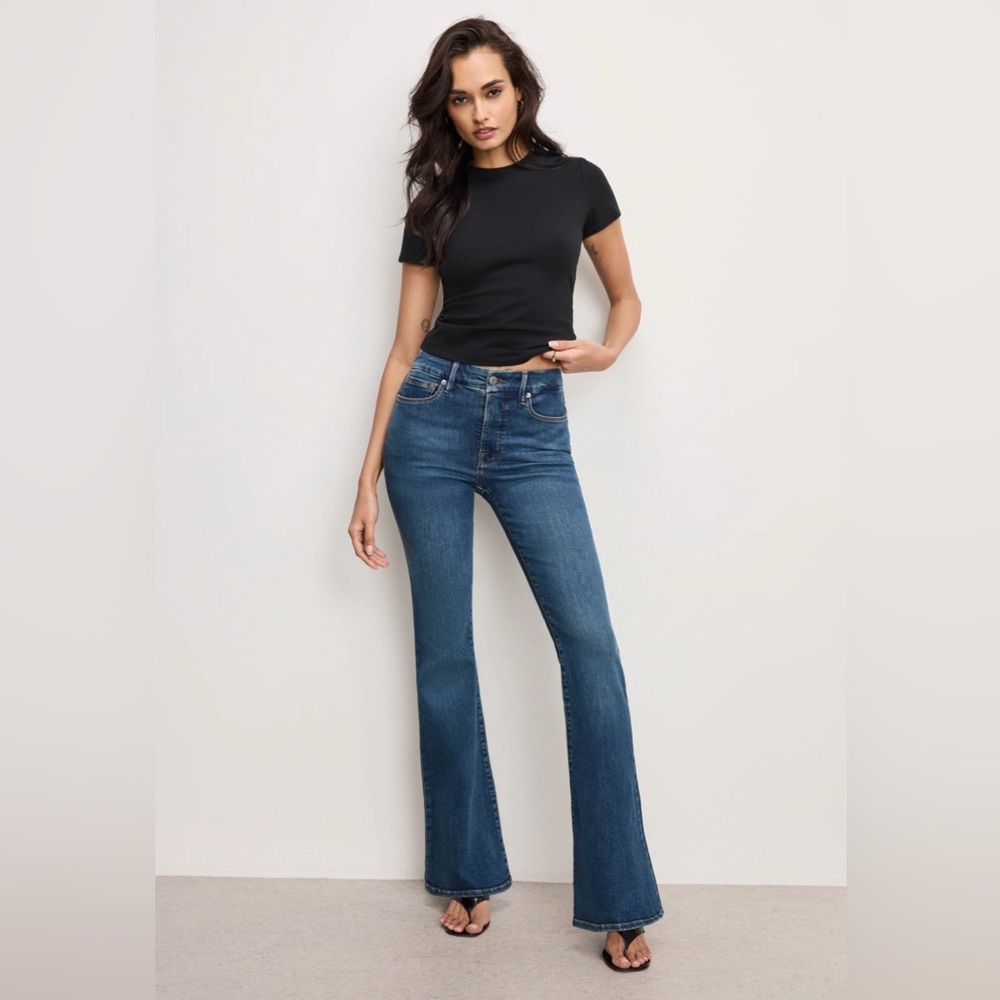 Good American Dark Blue High-Rise Flare Jeans